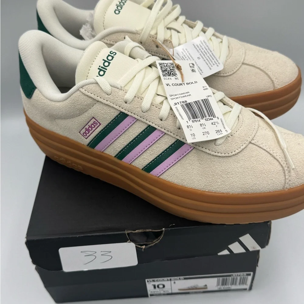 Adidas VL Court Bold Cream Sneakers with Green and Pink Stripes 10womens new - Picture 2 of 9